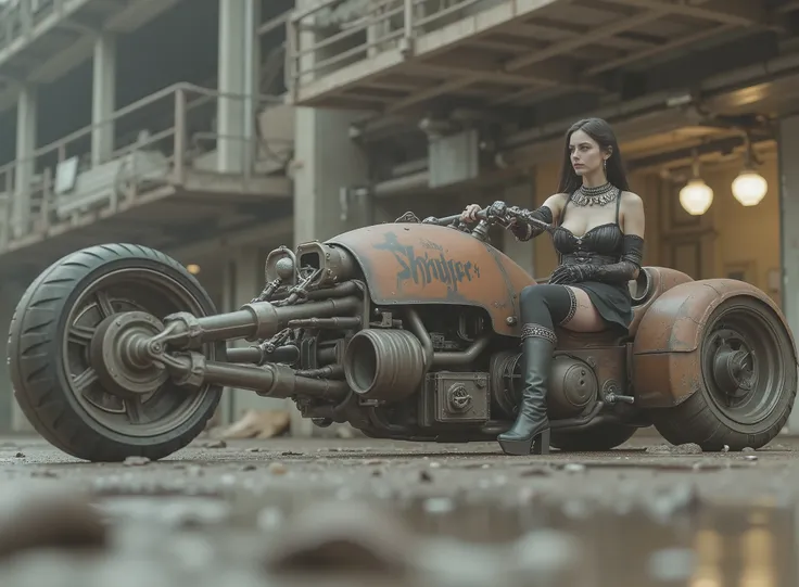 The image shows a desolate stage with a Renegade Princess, and taking the handlebars to adapt to the speed on a uniquely designed motorcycle that embodies a steampunk or post-apocalyptic aesthetic. The motorcycle is sturdy, has only 2 sturdy all-terrain wh...