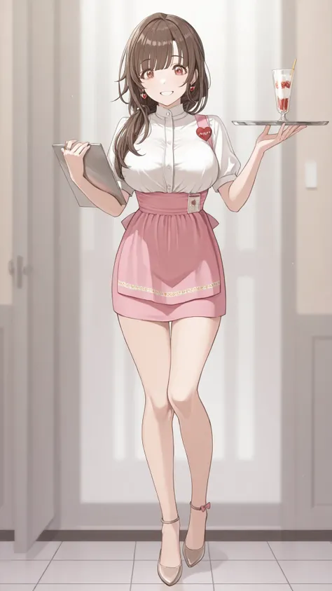 Mature Woman女性, Housewife, she closes her mouth、smile gently,full body,kind eyes, brown hair, low long hair, pink waitress costume__ very short skirt ,Open your thighs slightly and crouch down、is on one knee,the white lace panties are visible,black high he...