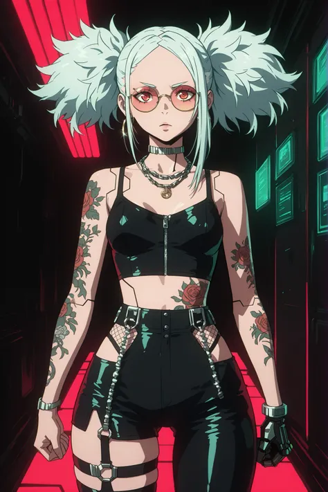 A confident female cyborg with short black and gray hair, wearing round glasses and a black crop top with the text "18+" in white neon-style font. She has a mechanical right hand with articulated fingers, adorned with rings and tech details, raised slightl...