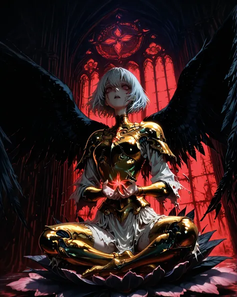 front angle, (masterpiece, best quality, 4k, anime illustration, dark fantasy, horror, cinematic lighting), {1woman}:(a serene but terrifying woman, empty eyes, with short silver hair, golden armor with angelic wings corrupted into shadowy black feathers, ...
