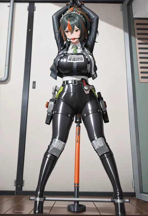 zhu yuan, zenless zone zero, orange eyes, black hair, long hair, streaked hair, ponytail, full body, 8k quality, metal hairband, blue latex jacket, cropped latex jacket, long latex sleeves, black latex vest, two-tone latex vest, black gloves, green necktie...