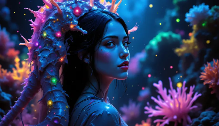 beautiful girl with long black hair with lipstick on her mouth and colored veiled costumes that flow under the ocean water filled with colorful corals and anemones, with luminescent and bioilluminescent sparkles. the beautiful girl is riding a huge seahors...