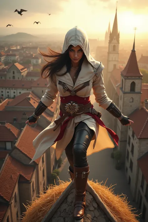 💋 Assassinen-Sprung vom Turm in den Heuhaufen - Gedächtniskorridor-Moment
🌟 Assassin's Creed Cinematik-Qualität, dramatic wide-angle perspective, golden hour lighting, epic video game aesthetics, Wind-Effekte in Kleidung und Haaren
🌌 Mittelalterliche Stadt...