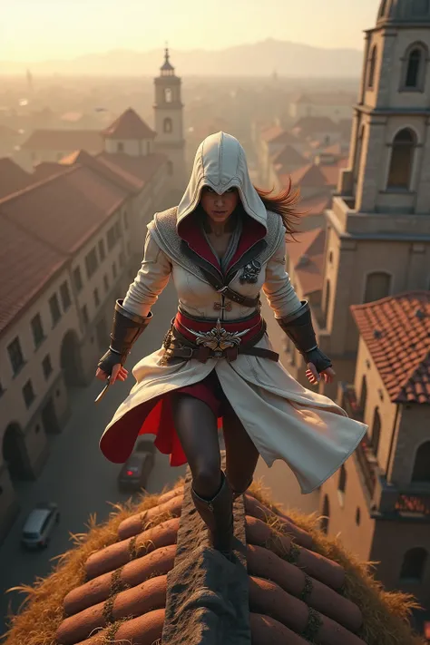 💋 Assassinen-Sprung vom Turm in den Heuhaufen - Gedächtniskorridor-Moment
🌟 Assassin's Creed Cinematik-Qualität, dramatic wide-angle perspective, golden hour lighting, epic video game aesthetics, Wind-Effekte in Kleidung und Haaren
🌌 Mittelalterliche Stadt...