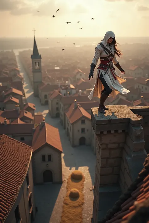 💋 Assassinen-Sprung vom Turm in den Heuhaufen - Gedächtniskorridor-Moment
🌟 Assassin's Creed Cinematik-Qualität, dramatic wide-angle perspective, golden hour lighting, epic video game aesthetics, Wind-Effekte in Kleidung und Haaren
🌌 Mittelalterliche Stadt...