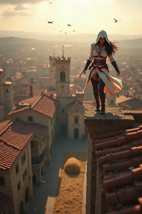 💋 Assassinen-Sprung vom Turm in den Heuhaufen - Gedächtniskorridor-Moment
🌟 Assassin's Creed Cinematik-Qualität, dramatic wide-angle perspective, golden hour lighting, epic video game aesthetics, Wind-Effekte in Kleidung und Haaren
🌌 Mittelalterliche Stadt...