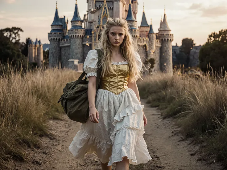 Daria,Girl,
💋 : renegade princess on her lonely path
🌟 : ultra-realistisch, 8K, cinematisch, inspired by Disney fairy tales and epic fantasy photography
🌌 : narrow dirt road with tall grass, sanftes Abendlicht, in the background a magnificent Disney castle...