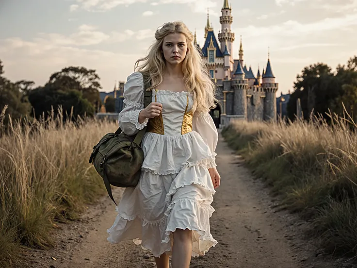 Daria,Girl,
💋 : renegade princess on her lonely path
🌟 : ultra-realistisch, 8K, cinematisch, inspired by Disney fairy tales and epic fantasy photography
🌌 : narrow dirt road with tall grass, sanftes Abendlicht, in the background a magnificent Disney castle...