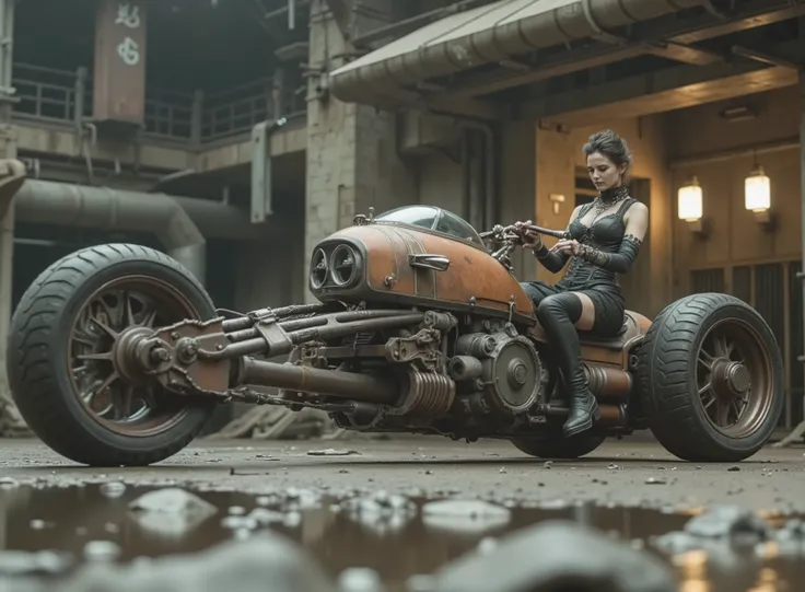 The image shows a desolate stage with a Renegade Princess, and taking the handlebars to adapt to the speed on a uniquely designed motorcycle that embodies a steampunk or post-apocalyptic aesthetic. The motorcycle is sturdy, has only 2 sturdy all-terrain wh...