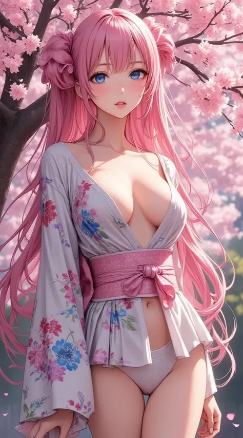  (masterpiece,     computer, mejor quality,    Clear focus, shadow, of the rays of God, ultra high resolution, 8K, pupils perfect anatomy, perfect face, (detailed face), (detailed eye), score_9, score_8_above, score_7_above, score_6_above, score_5_above, score_4_above, source_ lively, Label 1, Label2, quality_masterpiece,  Anatomically correct , beautiful face, perfect face, Beautiful and highly detailed face and eyes,    Attractive Face   , detailed face, rasgos faciales delicados, bare shoulders, enormes pechos, bra size D or DD, cuckold, gigantic butt, thick thighs. looking at the viewer. fantastic environment. anime-style illustration featuring an elegant, slim build and pronounced bust, with long pink hair, bright blue eyes, dressed in a floral kimono. She is standing under a cherry tree in full bloom, with petals falling around. The atmosphere is calm and spring-like, with soft lighting and pastel tones. Detailed and colorful art style.
