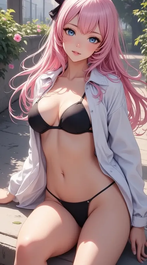  (masterpiece,     computer, mejor quality,    Clear focus, shadow, of the rays of God, ultra high resolution, 8K, pupils perfect anatomy, perfect face, (detailed face), (detailed eye), score_9, score_8_above, score_7_above, score_6_above, score_5_above, score_4_above, source_ lively, Label 1, Label2, quality_masterpiece,  Anatomically correct , beautiful face, perfect face, Beautiful and highly detailed face and eyes,    Attractive Face   , detailed face, rasgos faciales delicados, bare shoulders, enormes pechos, bra size D or DD, cuckold, gigantic butt, thick thighs. looking at the viewer. fantastic environment. anime-style illustration featuring an elegant, slim build and pronounced bust, with long wavy pink hair, adorned with a black ribbon on the top of her head. Her eyes are large and blue, with an intense shine. She is wearing a black bikini with thin straps and a white jacket that falls partially from her shoulders. The pose is slightly tilted forward,  as if you were posing for a photo , with a soft expression and a slight smile.
