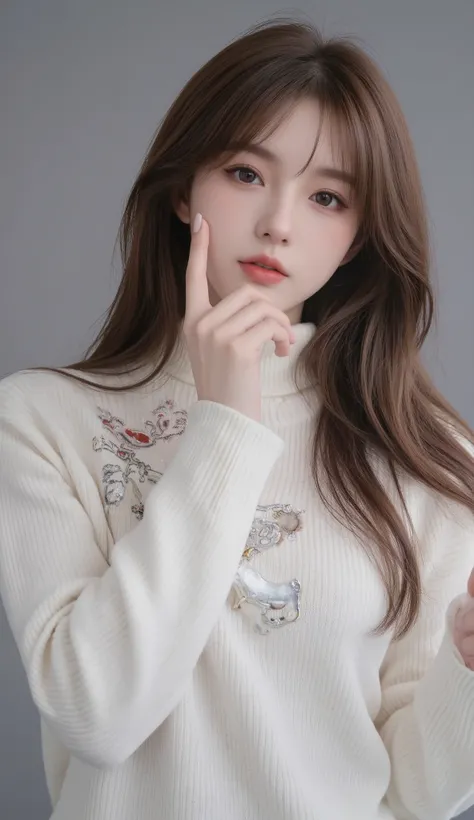 Girl wearing, luxury  white turtle neck sweater with sleeves, design on sweater, , long wavy thick hair, glowing skin, star in eye, red lips, suitable background, grey background with good lighting , cute poses , upper body, brown hair, cute hand poses.nos...