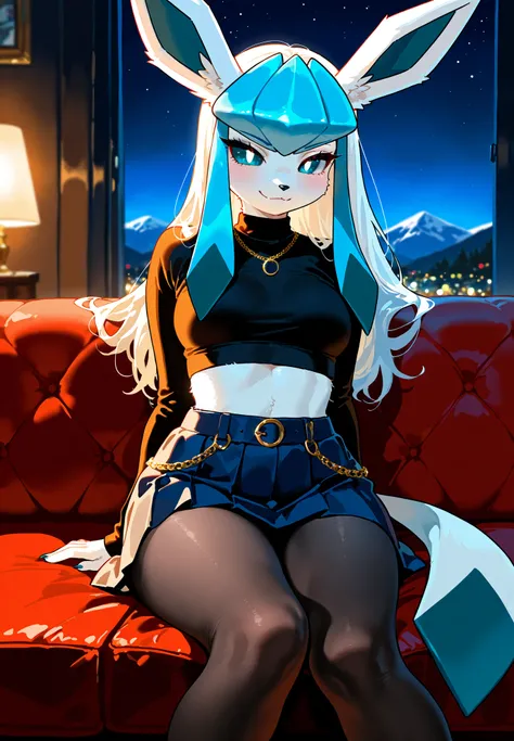 Source_furry, 1girl, solo, glaceon, pokemon, anthro, detailed fluffy fur, light blue fur, long hair, skirt, tights, crop top, sitting on a couch, seductive , sexy pose, alluring atmosphere, night time, mountain cottage, cinematic lighting, BREAK, masterpie...