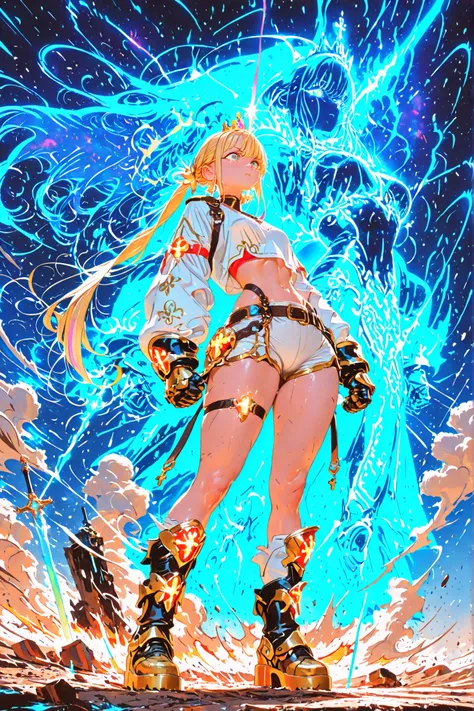 A powerful blonde warrior girl with wild, spiky hair flowing upward with glowing streaks, reminiscent of a supernatural energy transformation. Her expression is fierce and furious, eyes glowing with intensity. She wears an extremely short and tight pair of...