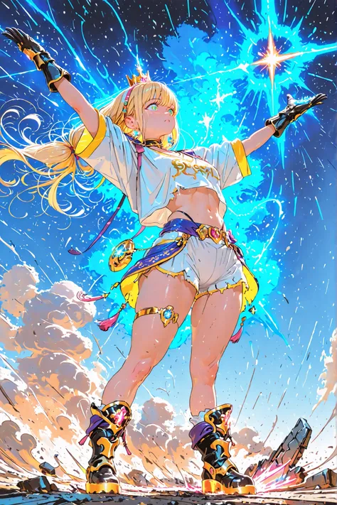 A powerful blonde warrior girl with wild, spiky hair flowing upward with glowing streaks, reminiscent of a supernatural energy transformation. Her expression is fierce and furious, eyes glowing with intensity. She wears an extremely short and tight pair of...