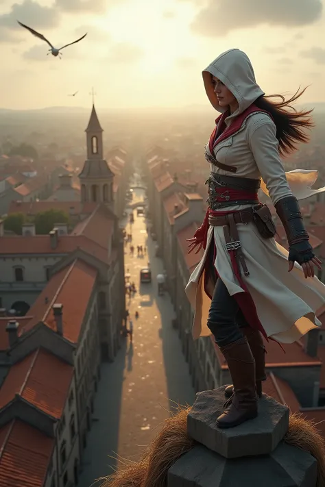 💋 Assassinen-Sprung vom Turm in den Heuhaufen - Gedächtniskorridor-Moment
🌟 Assassin's Creed Cinematik-Qualität, dramatic wide-angle perspective, golden hour lighting, epic video game aesthetics, Wind-Effekte in Kleidung und Haaren
🌌 Mittelalterliche Stadt...