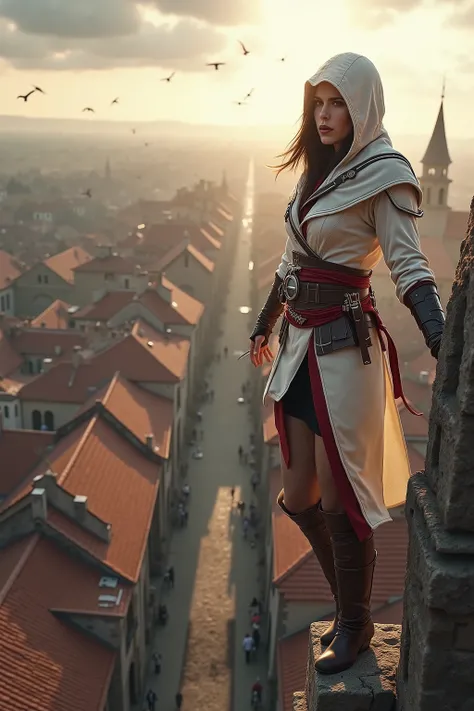 💋 Assassinen-Sprung vom Turm in den Heuhaufen - Gedächtniskorridor-Moment
🌟 Assassin's Creed Cinematik-Qualität, dramatic wide-angle perspective, golden hour lighting, epic video game aesthetics, Wind-Effekte in Kleidung und Haaren
🌌 Mittelalterliche Stadt...