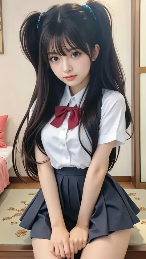 close-up of a woman in uniform wearing a bow tie, Hino Rei as a princess, Close up of a person sitting at a table with, Rumiko, Beautiful High School Girl, anime girl named Lucy, anime girl holding, Young girl sitting, BIG BREASTS, Marin Kitagawa fanart, a...