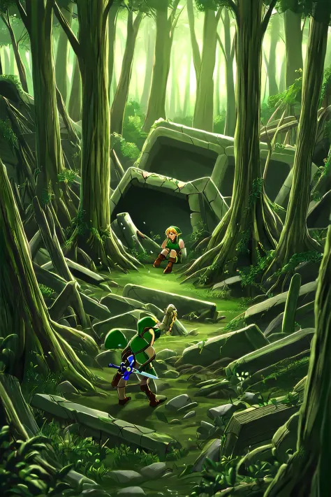 link(The Legend of Zelda)It's in an old ruins in the forest。and the master sword is stuck in the ground。linkは気合を入れて剣を引き抜こうとしている。