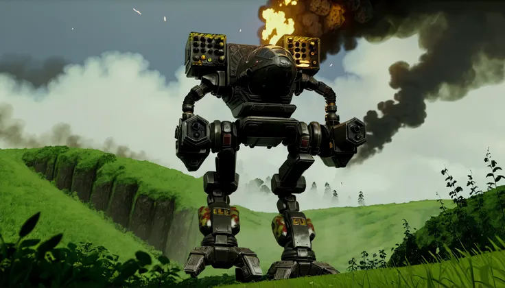 Score_9, score_8_up, score_7_up, source_anime, epic cinematic, BattleTech, 7-MadCat, mecha, robot dominating the battlefield,  heavy foliage, rolling slopes and hills, brooding sky, burning wreckage in the background, smoke and explosions, heavy rain, ultr...