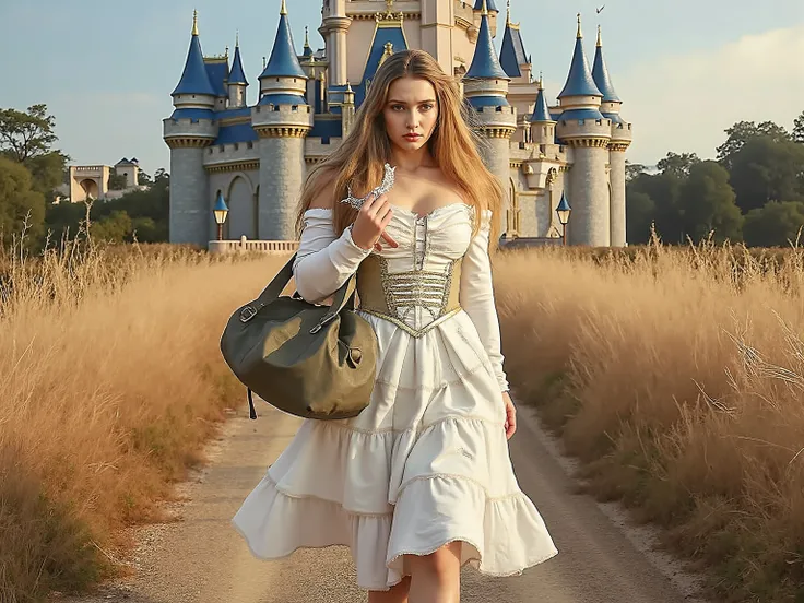 Daria,Girl,
💋 : Renegade princess with crown on her lonely path
🌟 : ultra-realistisch, 8K, cinematisch, inspired by Disney fairy tales and epic fantasy photography
🌌 : narrow dirt road with tall grass, sanftes Abendlicht, in the background a magnificent Di...