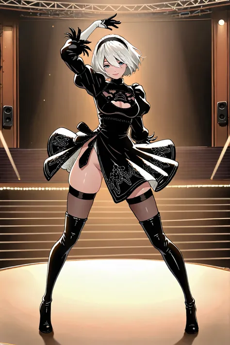 best quality, 2B from NieR Automata, black dress with slit mini skirt, thigh high boots, full body view, dancing, on the stage at the theatre, legs apart, dynamic action pose, front view (looking at viewer), blue eyes, detailed line art, seductive gaze, sm...