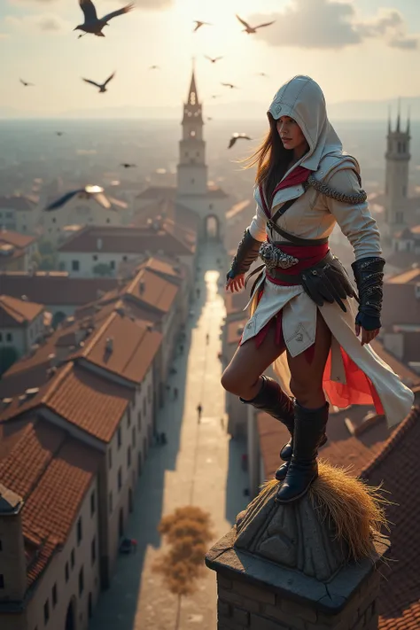 💋 Assassinen-Sprung vom Turm in den Heuhaufen - Gedächtniskorridor-Moment
🌟 Assassin's Creed Cinematik-Qualität, dramatic wide-angle perspective, golden hour lighting, epic video game aesthetics, Wind-Effekte in Kleidung und Haaren
🌌 Mittelalterliche Stadt...