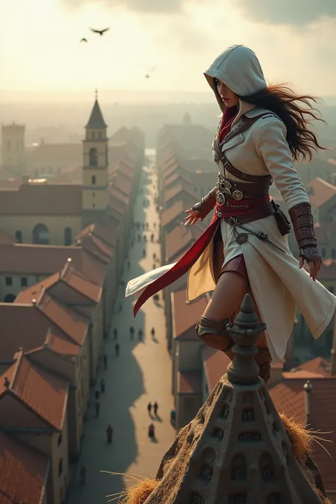 💋 Assassinen-Sprung vom Turm in den Heuhaufen - Gedächtniskorridor-Moment
🌟 Assassin's Creed Cinematik-Qualität, dramatic wide-angle perspective, golden hour lighting, epic video game aesthetics, Wind-Effekte in Kleidung und Haaren
🌌 Mittelalterliche Stadt...