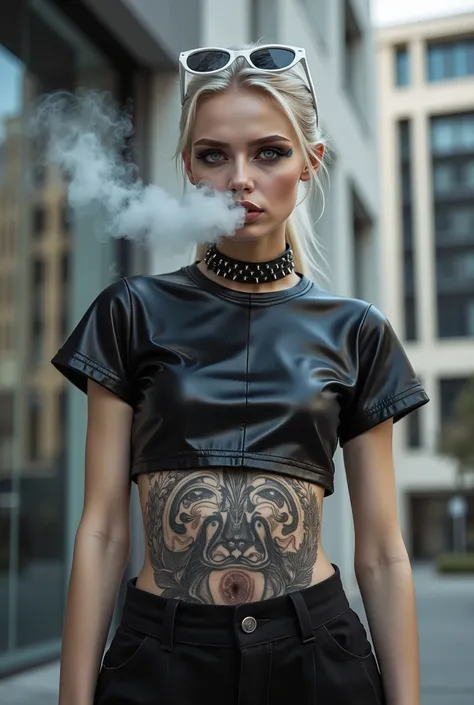 Instagram photo of a slender sexy 20 year old woman standing outside her modern office building. She wears a short cropped skintight super glossy black leather t-shirt with baggy cotton ultra flared pants. She is Swedish with white hair, with an elaborate ...