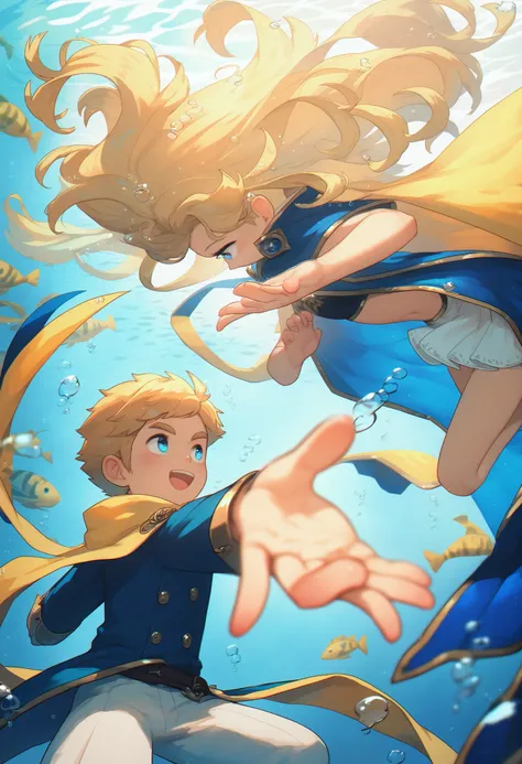 blonde anime boy wearing a blue cape, blonde anime girl wearing a skirt and a yellow cape, swimming underwater, reaching their hand towards each other, dynamic pose, yellow and blue lights mixing in the background in artistic way, masterpiece, beautiful