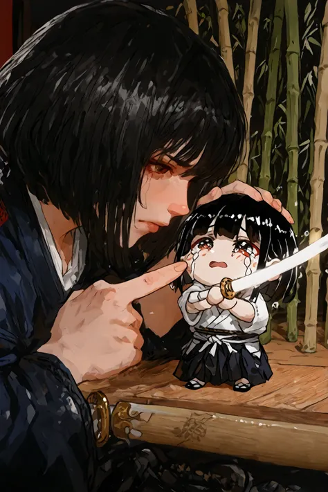 kendo, 『1girl, (chibi:1.5),masterpiece, Super Detailed, Highest Quality, Complete Anatomy, perfect face, Aesthetic Eyes , detailed and realistic hair texture,detailed face, Details Eyes 、delicate and fluffy texture, short, Trimming black hair、bob cut、per...