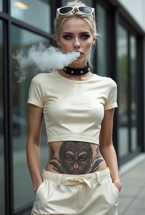 Instagram photo of a slender sexy 20 year old woman standing outside her modern office building. She wears a short cropped skintight super glossy cream leather t-shirt with baggy cotton ultra flared pants. She is Swedish with white hair, with an elaborate ...