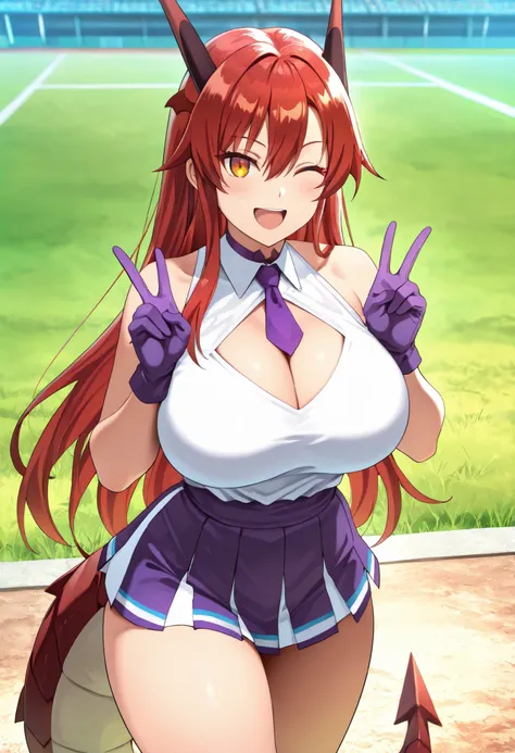 (best quality, masterpiece, ultra detailed, high resolution), Beautiful , tall, score_9, anime style, Masterpiece, best quality, 1girl, purple necktie, solo,tania, amber eyes, single sidelock, red hair, long hair, hair between eyes, head wings, dragon horn...