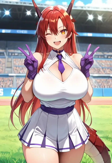 (best quality, masterpiece, ultra detailed, high resolution), Beautiful , tall, score_9, anime style, Masterpiece, best quality, 1girl, purple necktie, solo,tania, amber eyes, single sidelock, red hair, long hair, hair between eyes, head wings, dragon horn...
