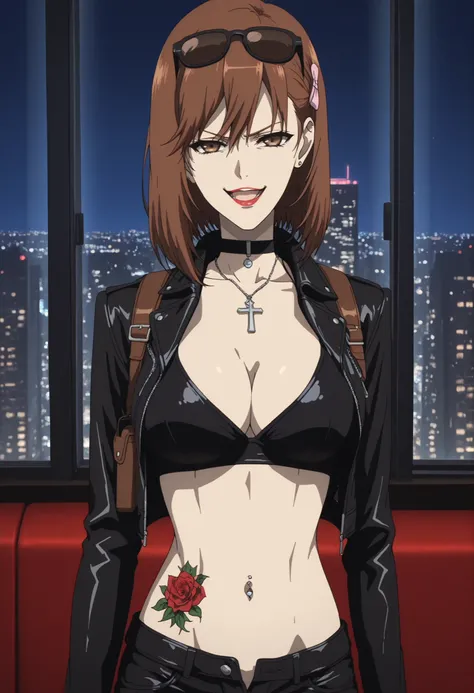 score_9, score_8_up, score_7_up, score_6_up, score_5_up, source_anime, , 1girl, solo, ogura yumi, brown hair, medium hair, pink hair pin, brown eyes, , nail poilsh, ear piercing, , lipstick,Hot girl, baddie, sensual, attractive, ,cross necklace, choker,, ...