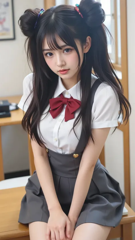 close-up of a woman in uniform wearing a bow tie, Hino Rei as a princess, Close up of a person sitting at a table with, Rumiko, Beautiful High School Girl, anime girl named Lucy, anime girl holding, Young girl sitting, BIG BREASTS, Marin Kitagawa fanart, a...