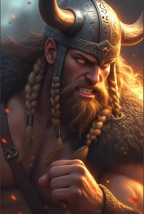 Hyperrealistic digital painting of a Viking warrior, muscular face, yellow eyes, beard with braids, and long braided hair wearing a Viking helmet with horns, highly detailed with Nordic runes, he wears body and iron armor with very well defined details, hi...