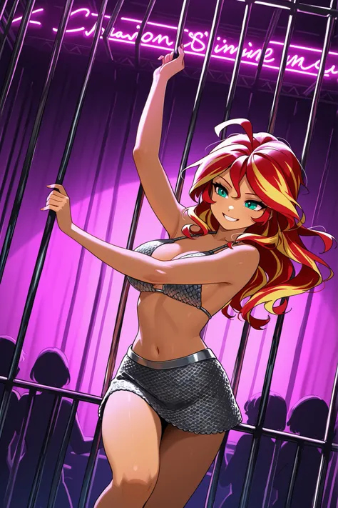 sunset shimmer, chainmail_bikini, dancing, inside a cage, cage bars in front of her, on a stage in a nightclub, neon lights, smiling, erotic