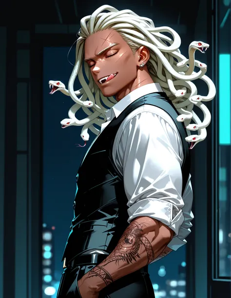 {((male)), mature:1.9, adult, my hero academia, muscular, Snake hair, snake, snake_hair, white snakes hair, dark skin, dark tan, ebony, blind, eyes closed, scars, fangs, tattoos, piercing, licking lips, white button up shirt, unbutton shirt, rolled up slee...