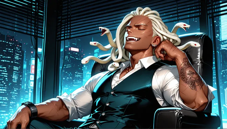 solo, half body, {((male)), mature:9, tall muscular build, adult, my hero academia, Snake hair, snake, snake_hair, white snakes hair, dark skin, dark tan, ebony, blind, eyes closed, scars, fangs, gang tattoos on arms, piercing, smirking, white button up sh...