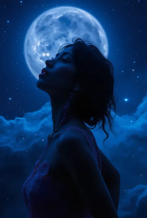 photograph of a silhouetted woman,night sky,large moon,starry sky,detailed facial features,elegant pose,pensive expression,moody atmosphere,dramatic lighting,atmospheric haze,cinematic composition,masterpiece,8K,ultra-detailed,photo-realistic,dramatic chia...