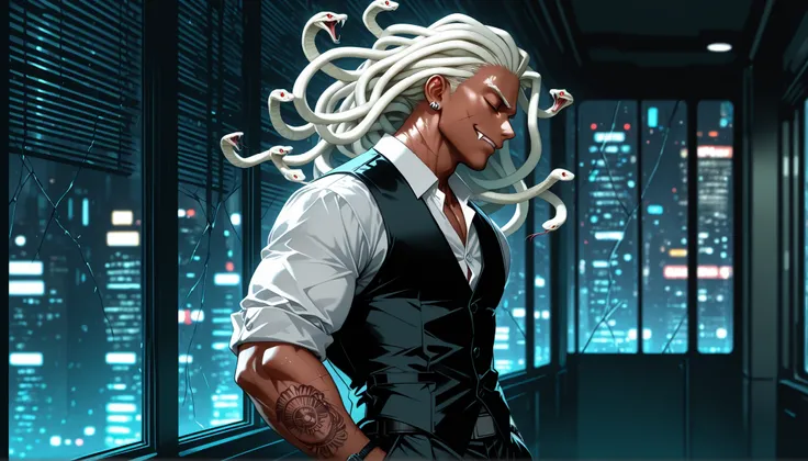 solo, close up, half body, side view, looking out at city, {((male)), gorgon, mature:9, tall muscular build, adult, my hero academia, Snake hair, snake, snake_hair, white snakes, white snakes hair, dark skin, dark tan, ebony, blind, eyes closed, scars, fan...