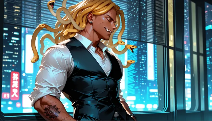 solo, close up, half body, side view, looking out at city, {((male)), gorgon, mature:9, tall muscular build, adult, my hero academia, Snake hair, snake, snake_hair, white snakes, white snakes hair, dark skin, dark tan, ebony, blind, eyes closed, scars, fan...