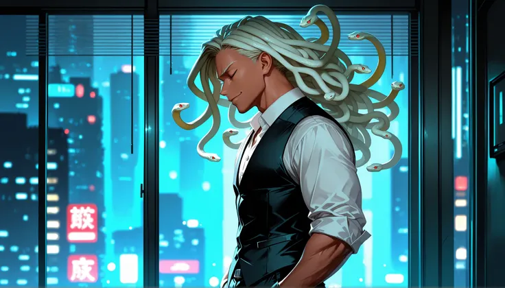 solo, close up, half body, side view, looking out at city, {((male)), gorgon, mature:9, tall muscular build, adult, my hero academia, Snake hair, snake, snake_hair, white snakes, white snakes hair, dark skin, dark tan, ebony, blind, eyes closed, smirking, ...