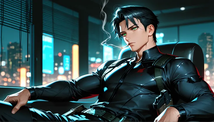 solo, close up, half body, {((male)), mature:9, tall muscular build, ((short black hair with loose strands)), ((green eyes)), sharp jawline with faint stubble, black compress long sleeve shirt, black slacks, blood on clothing, blood splatter, gun holster},...