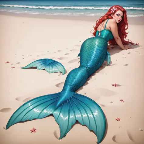 realistic photo, score_9, score_8_up, score_7_up, score_6_up, 1girl, long red hair, makeup, lipstick, hud_m3rmaid, monster girl, pink and green mermaid tail,  beach, lying