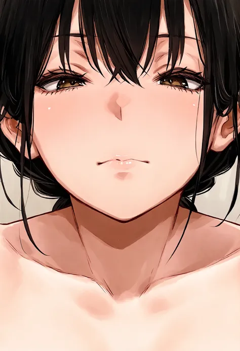 1 woman, age 40, natsume benkei, milf, NSFW, front view, mouth close-up, mouth focus, (random pubic hair), closed mouth, black hair