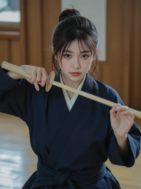 OBbllai,detailed hands,A beautiful female kendo practitioner, wearing a traditional navy blue kendo gi (道着) with a white belt and matching hakama (wide-legged pleated pants), holding a bokken (wooden sword made of white oak/shirakashi, light natural wood c...