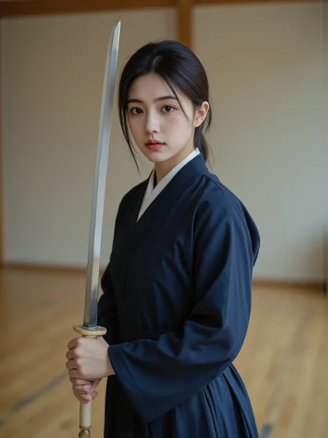 OBbllai,detailed hands,A beautiful female kendo practitioner, wearing a traditional navy blue kendo gi (道着) with a white belt and matching hakama (wide-legged pleated pants), holding a bokken (wooden sword made of white oak/shirakashi, light natural wood c...