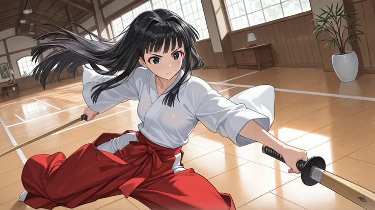 Aoyama Motoko \(love hina\) a young woman the moment he swings up a bamboo sword, the woman, who appears to be in her late teens or early twenties, has long, black hair, minimalistic design with a bed in the background, a wooden nightstand with a lamp, ...